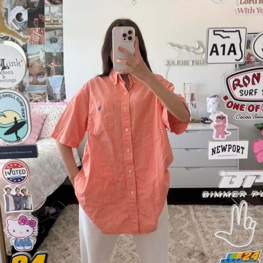 orange‎ and white plaid Polo button up